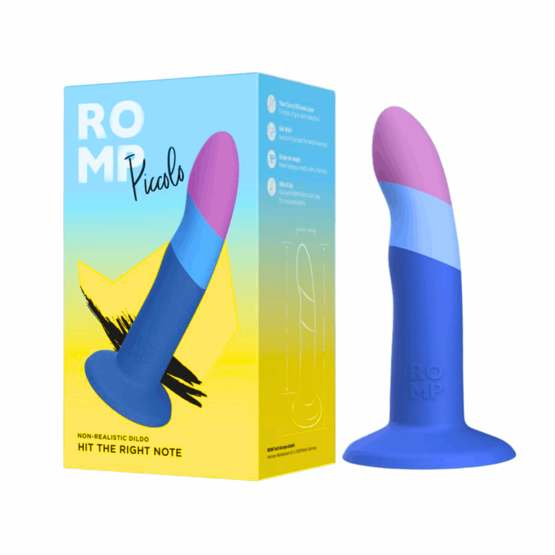 5-inch curved silicone dildo with suction-cup base, harness compatibility, and bullet vibe pairing.
5-inch silicone dildo, curved dildo, g-spot and p-spot stimulation, suction-cup dildo, strap-on compatible dildo, double penetration dildo, ROMP Riot compatible, waterproof silicone dildo, beginner-friendly dildo, body-safe non-realistic dildo, blue silicone dildo, purple silicone dildo.