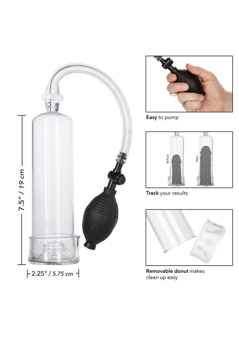 Clear cylinder erection pump with adjustable suction, soft donut, and quick air-release button.
Dr. Joel Kaplan erection pump, clear cylinder penis pump, girth enhancement pump, stamina booster pump, adjustable suction pump, quick air-release penis pump, phthalate-free erection pump, easy-clean penis pump, beginner penis pump, soft donut penis pump.