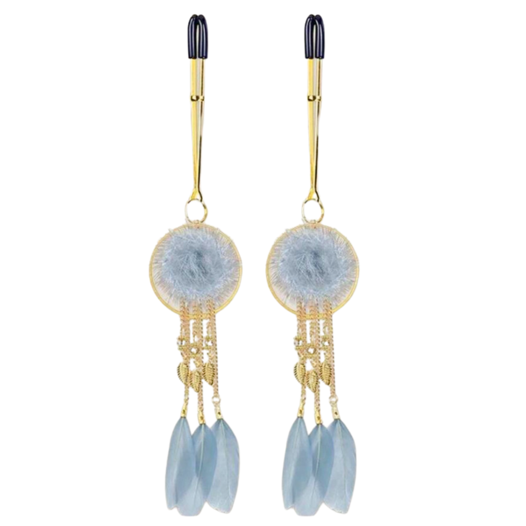 Dove Gray Luxury Nipple Clamps with gold chains and feathers by Studio Elysee. Keywords: luxury nipple clamps, dove gray nipple jewelry, Parisian nipple clamps, elegant nipple accessories, Studio Elysee clamps, adjustable nipple clamps, gold feather nipple clips, Couture Clips nipple clamps, lightweight nipple clamps, high-fashion kink accessories.