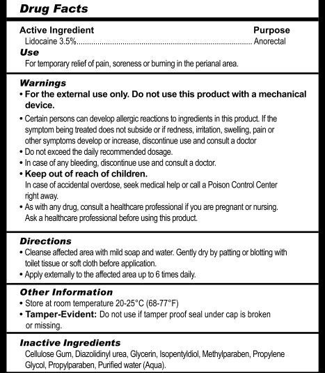 Active Ingredient
Lidocaine 3.5% ............................................................... Anorectal
Purpose
For temporary relief of pain, soreness, or burning in the perianal area.
Use
For temporary relief of pain, soreness, or burning in the perianal area.
Warnings
For external use only. Do not use this product with a mechanical device.
Certain persons can develop allergic reactions to ingredients in this product. If the symptom being treated does not subside or if redness, irritation, swelling,