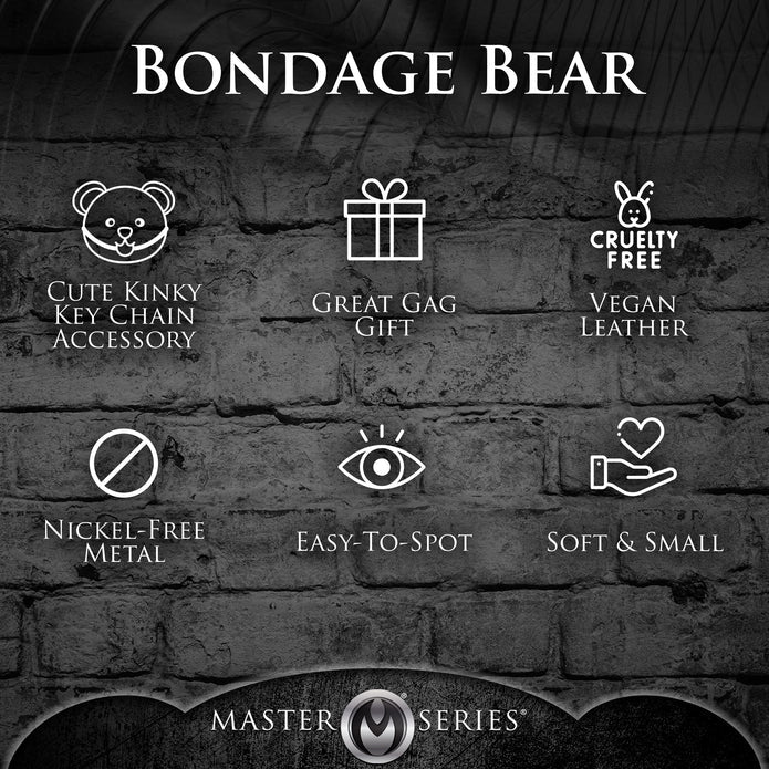 Mini bondage bear with harness, flogger, and removable eye mask for kinky gifting or accessories.
bondage bear keychain, BDSM novelty gift, bondage bear accessory, kinky keychain gift, leather harness bear, mini BDSM bear, bondage-themed gifts, faux leather keychain bear, bondage novelty toys, BDSM flagging accessory