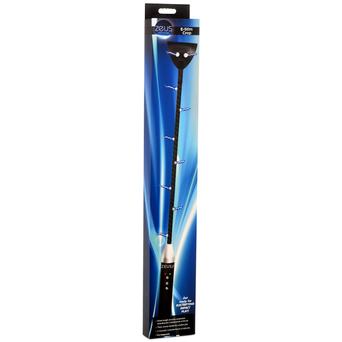 Electro crop with vegan leather tip, adjustable e-stim levels, and sturdy handle for BDSM play. Keywords: e-stim crop, Zeus electro crop, e-stim impact toy, electro BDSM crop, electrosex impact toy, vegan leather crop, e-stim BDSM gear, rechargeable crop, conductive rod crop, Zeus e-stim play.