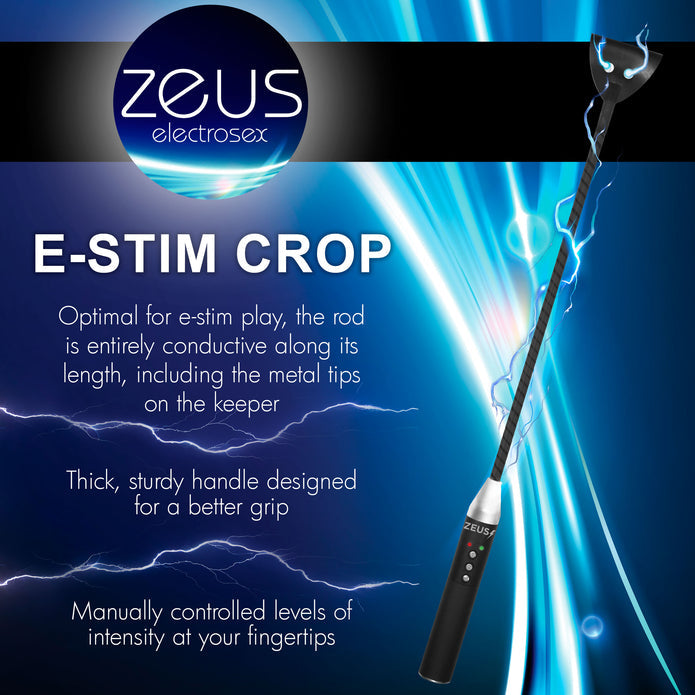 Electro crop with vegan leather tip, adjustable e-stim levels, and sturdy handle for BDSM play. Keywords: e-stim crop, Zeus electro crop, e-stim impact toy, electro BDSM crop, electrosex impact toy, vegan leather crop, e-stim BDSM gear, rechargeable crop, conductive rod crop, Zeus e-stim play.