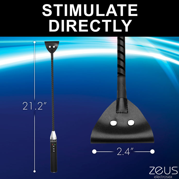 Electro crop with vegan leather tip, adjustable e-stim levels, and sturdy handle for BDSM play. Keywords: e-stim crop, Zeus electro crop, e-stim impact toy, electro BDSM crop, electrosex impact toy, vegan leather crop, e-stim BDSM gear, rechargeable crop, conductive rod crop, Zeus e-stim play.