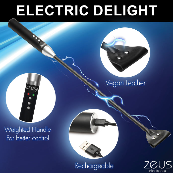 Electro crop with vegan leather tip, adjustable e-stim levels, and sturdy handle for BDSM play. Keywords: e-stim crop, Zeus electro crop, e-stim impact toy, electro BDSM crop, electrosex impact toy, vegan leather crop, e-stim BDSM gear, rechargeable crop, conductive rod crop, Zeus e-stim play.
