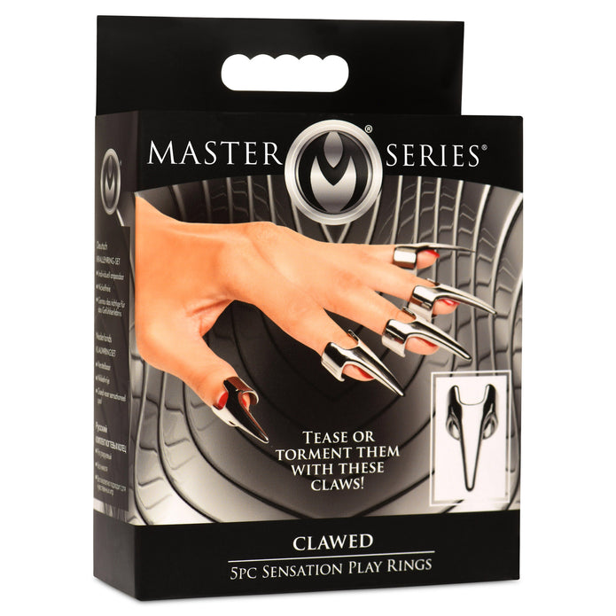 Set of five adjustable stainless steel claw rings for sensation play, designed for scratching, caressing, and e-stim, made from nickel-free metal. Keywords: Claw ring set, stainless steel claws, BDSM claws, sensation play, e-stim compatible, nickel-free claws, adjustable rings, scratching play, kinky accessories, metal claw rings, fetish tools, Master Series claws, stainless steel fetish gear.