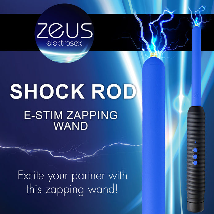 Zeus Electrosex Pinpoint Zapping Wand with two shock levels. Compact, black and blue ribbed handle for control. Perfect for intense sensory play. Keywords: electrosex wand, Zeus zapping wand, BDSM e-stim tool, pinpoint electro wand, sensory play zapper, e-stim intensity wand, ribbed handle wand, portable electrosex toy, Zeus electro gear, electrical sensory toy.