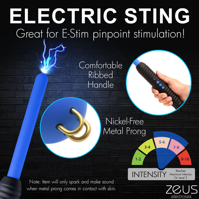 Zeus Electrosex Pinpoint Zapping Wand with two shock levels. Compact, black and blue ribbed handle for control. Perfect for intense sensory play. Keywords: electrosex wand, Zeus zapping wand, BDSM e-stim tool, pinpoint electro wand, sensory play zapper, e-stim intensity wand, ribbed handle wand, portable electrosex toy, Zeus electro gear, electrical sensory toy.
