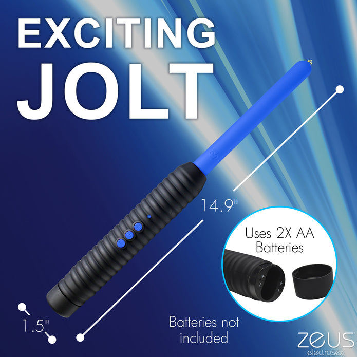 Zeus Electrosex Pinpoint Zapping Wand with two shock levels. Compact, black and blue ribbed handle for control. Perfect for intense sensory play. Keywords: electrosex wand, Zeus zapping wand, BDSM e-stim tool, pinpoint electro wand, sensory play zapper, e-stim intensity wand, ribbed handle wand, portable electrosex toy, Zeus electro gear, electrical sensory toy.