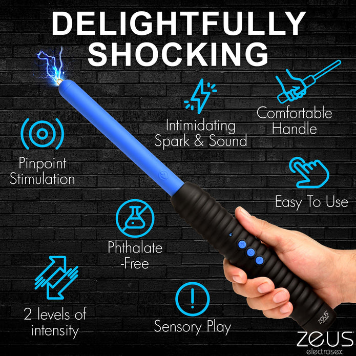 Zeus Electrosex Pinpoint Zapping Wand with two shock levels. Compact, black and blue ribbed handle for control. Perfect for intense sensory play. Keywords: electrosex wand, Zeus zapping wand, BDSM e-stim tool, pinpoint electro wand, sensory play zapper, e-stim intensity wand, ribbed handle wand, portable electrosex toy, Zeus electro gear, electrical sensory toy.