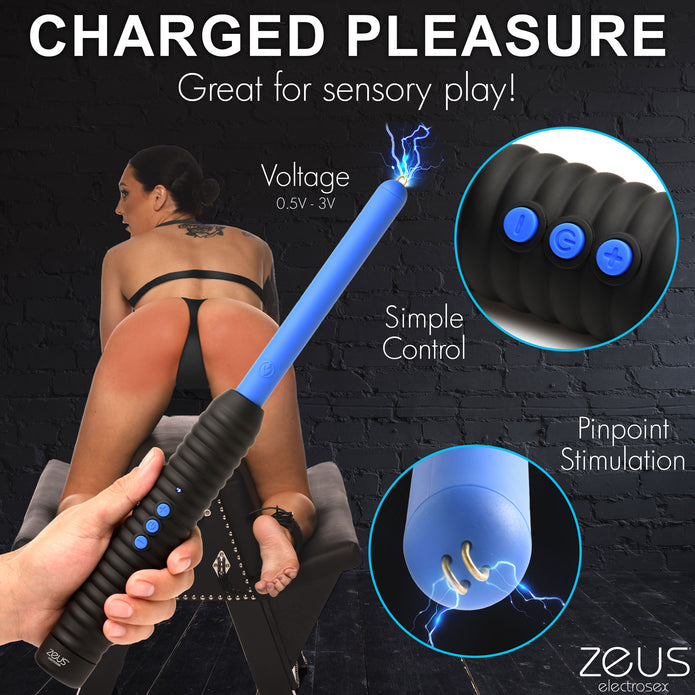 Zeus Electrosex Pinpoint Zapping Wand with two shock levels. Compact, black and blue ribbed handle for control. Perfect for intense sensory play. Keywords: electrosex wand, Zeus zapping wand, BDSM e-stim tool, pinpoint electro wand, sensory play zapper, e-stim intensity wand, ribbed handle wand, portable electrosex toy, Zeus electro gear, electrical sensory toy.