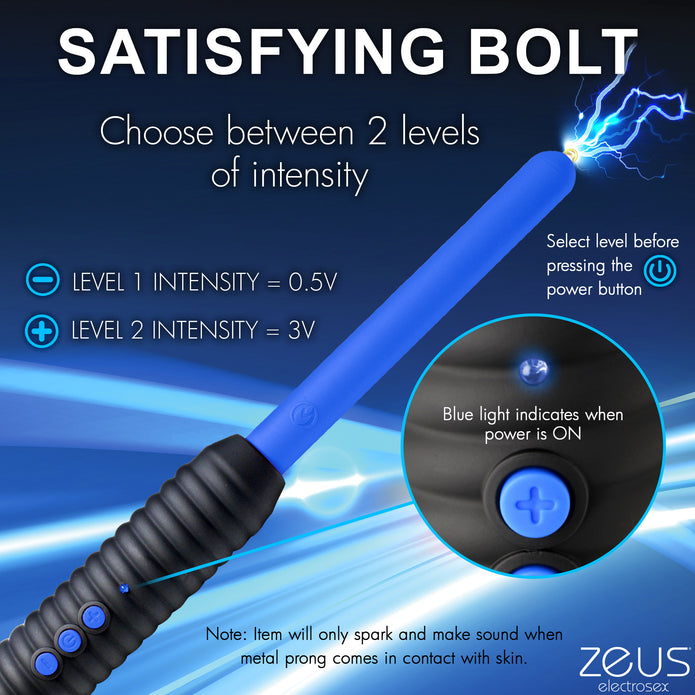 Zeus Electrosex Pinpoint Zapping Wand with two shock levels. Compact, black and blue ribbed handle for control. Perfect for intense sensory play. Keywords: electrosex wand, Zeus zapping wand, BDSM e-stim tool, pinpoint electro wand, sensory play zapper, e-stim intensity wand, ribbed handle wand, portable electrosex toy, Zeus electro gear, electrical sensory toy.
