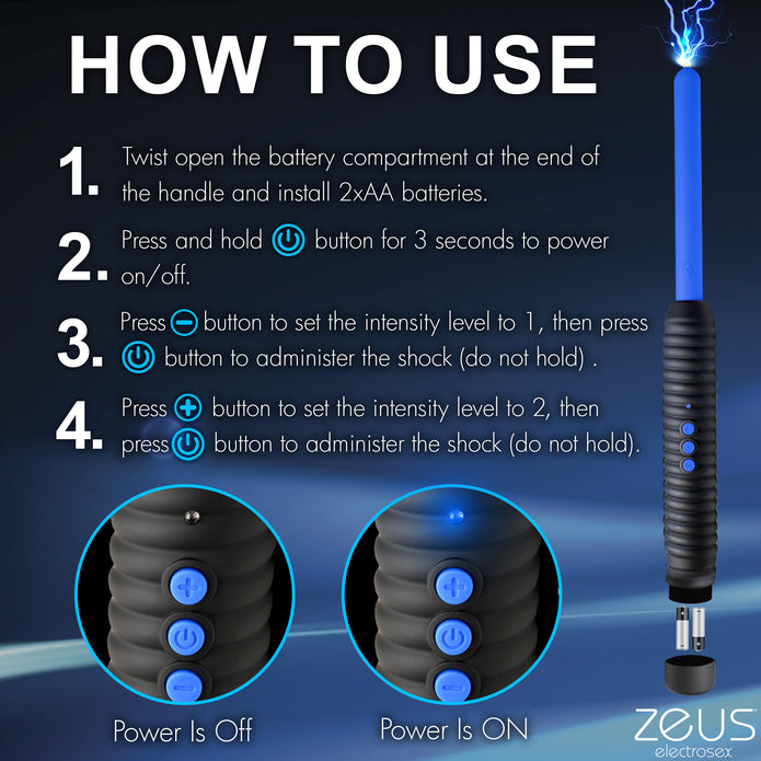 Zeus Electrosex Pinpoint Zapping Wand with two shock levels. Compact, black and blue ribbed handle for control. Perfect for intense sensory play. Keywords: electrosex wand, Zeus zapping wand, BDSM e-stim tool, pinpoint electro wand, sensory play zapper, e-stim intensity wand, ribbed handle wand, portable electrosex toy, Zeus electro gear, electrical sensory toy.
