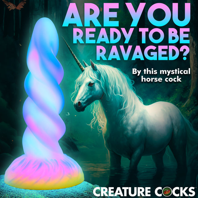 Glow-in-the-dark unicorn dildo with a spiral horn design, suction cup base, and harness compatibility for fantasy roleplay.
unicorn dildo, glow-in-the-dark dildo, spiral horn design, suction cup base, harness compatible, fantasy roleplay toy, body-safe silicone, premium silicone dildo, colorful sex toy, hands-free dildo.