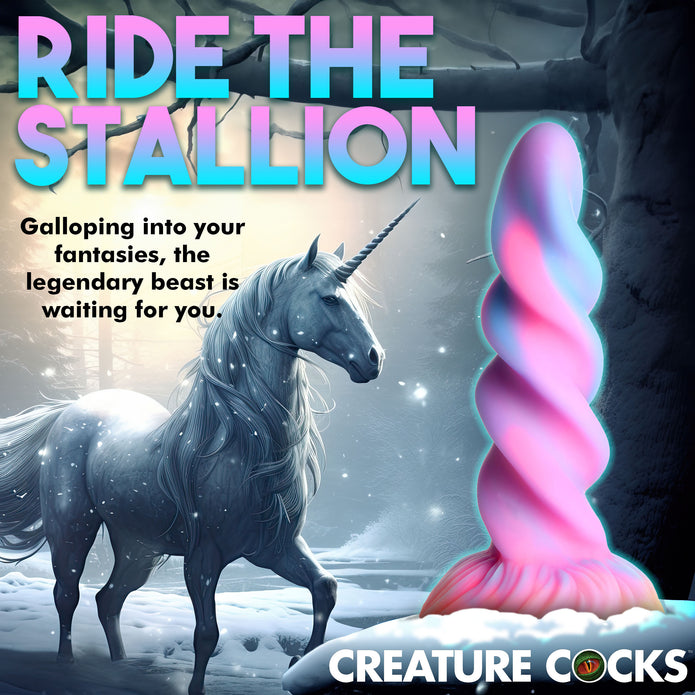 Glow-in-the-dark unicorn dildo with a spiral horn design, suction cup base, and harness compatibility for fantasy roleplay.
unicorn dildo, glow-in-the-dark dildo, spiral horn design, suction cup base, harness compatible, fantasy roleplay toy, body-safe silicone, premium silicone dildo, colorful sex toy, hands-free dildo.