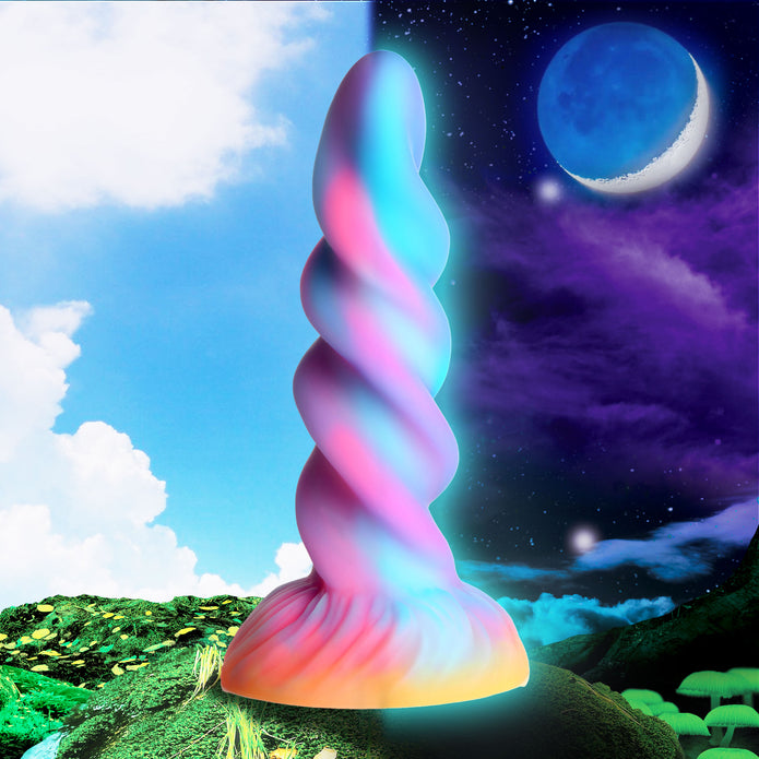 Glow-in-the-dark unicorn dildo with a spiral horn design, suction cup base, and harness compatibility for fantasy roleplay.
unicorn dildo, glow-in-the-dark dildo, spiral horn design, suction cup base, harness compatible, fantasy roleplay toy, body-safe silicone, premium silicone dildo, colorful sex toy, hands-free dildo.