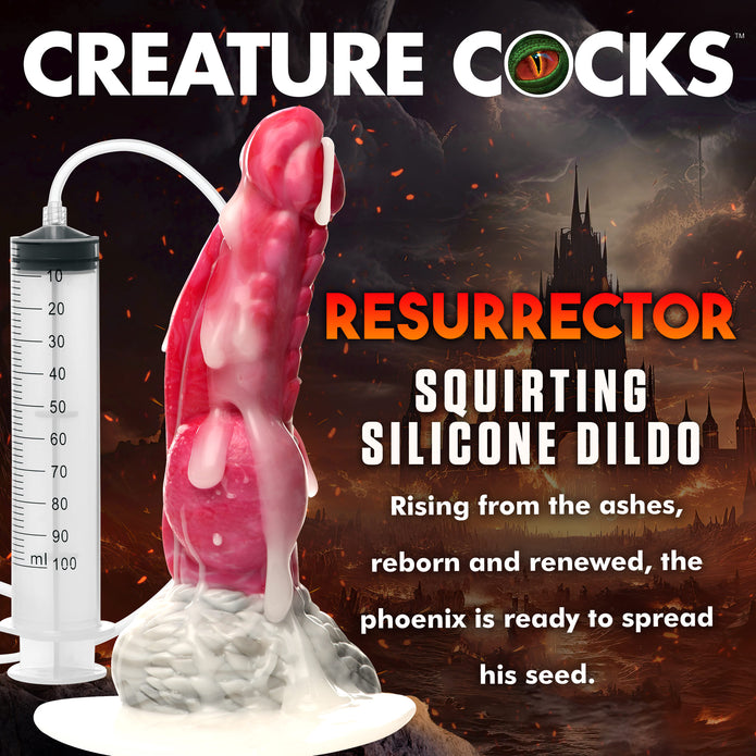 Red and white phoenix squirting dildo with textured shaft, knotted base, suction cup, and a syringe for explosive fluid play.
phoenix squirting dildo, fantasy dildo, mythical dildo, squirting silicone dildo, knotted dildo, suction cup dildo, strap-on compatible dildo, premium body-safe silicone, textured fantasy dildo, Resurrector Phoenix sex toy