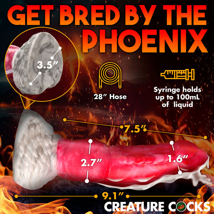 Red and white phoenix squirting dildo with textured shaft, knotted base, suction cup, and a syringe for explosive fluid play.
phoenix squirting dildo, fantasy dildo, mythical dildo, squirting silicone dildo, knotted dildo, suction cup dildo, strap-on compatible dildo, premium body-safe silicone, textured fantasy dildo, Resurrector Phoenix sex toy
