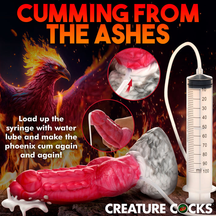 Red and white phoenix squirting dildo with textured shaft, knotted base, suction cup, and a syringe for explosive fluid play.
phoenix squirting dildo, fantasy dildo, mythical dildo, squirting silicone dildo, knotted dildo, suction cup dildo, strap-on compatible dildo, premium body-safe silicone, textured fantasy dildo, Resurrector Phoenix sex toy
