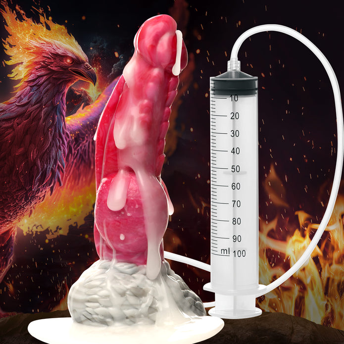 Red and white phoenix squirting dildo with textured shaft, knotted base, suction cup, and a syringe for explosive fluid play.
phoenix squirting dildo, fantasy dildo, mythical dildo, squirting silicone dildo, knotted dildo, suction cup dildo, strap-on compatible dildo, premium body-safe silicone, textured fantasy dildo, Resurrector Phoenix sex toy