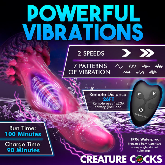 Alien-inspired vibrating dildo with remote control, premium silicone, suction cup base, and harness compatibility. Pink and purple design for fantasy play.