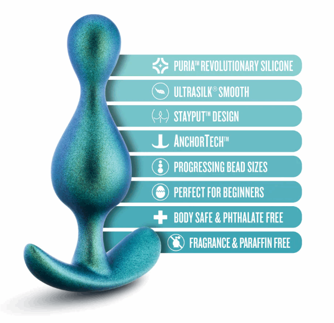 Matrix Photon Plug. Its dual pleasure bumps, StayPut™ design, and soft Puria™ silicone deliver comfort and security. Perfect for long-term wear, it shines with a unique iridescent finish for added allure. 4.5" x 1.25" size.