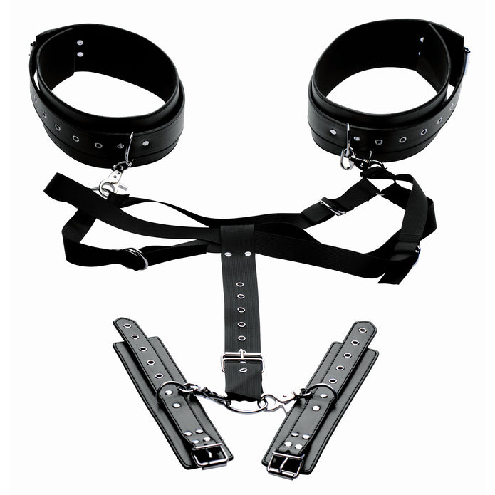 Adjustable submissive positioning harness in black with durable neoprene and PU leather cuffs, customizable chest strap, and wrist and thigh restraints for bondage play.
Adjustable submissive harness, BDSM positioning harness, bondage restraint harness, submissive restraint system, adjustable bondage gear, neoprene bondage harness, PU leather wrist cuffs, thigh restraint harness, BDSM leg-spreading harness, intimate bondage aid.