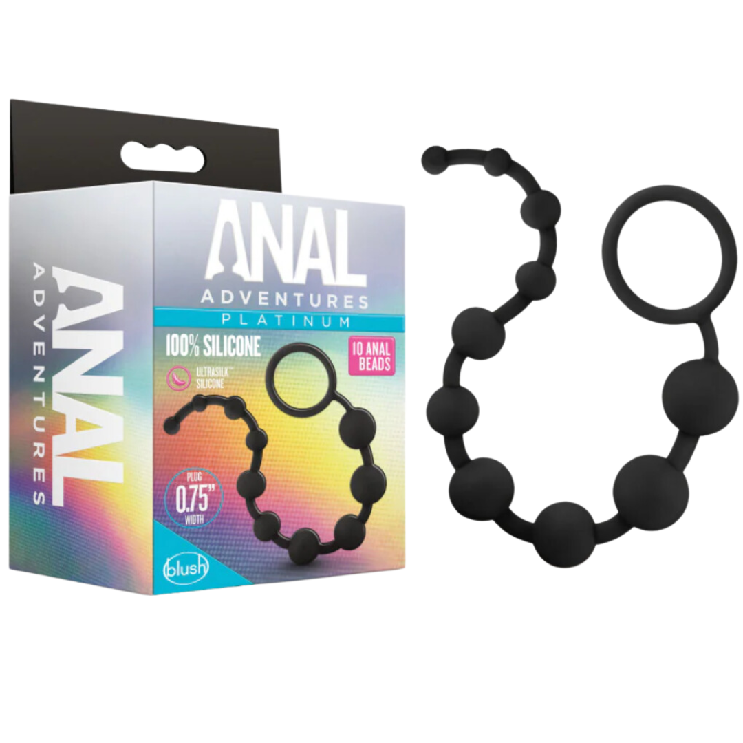 Anal Adventure Platinum Silicone 10 Anal Beads Packaging of Anal Adventures Platinum Silicone Beads with product displayed, highlighting 100% silicone material and a smooth pull ring design