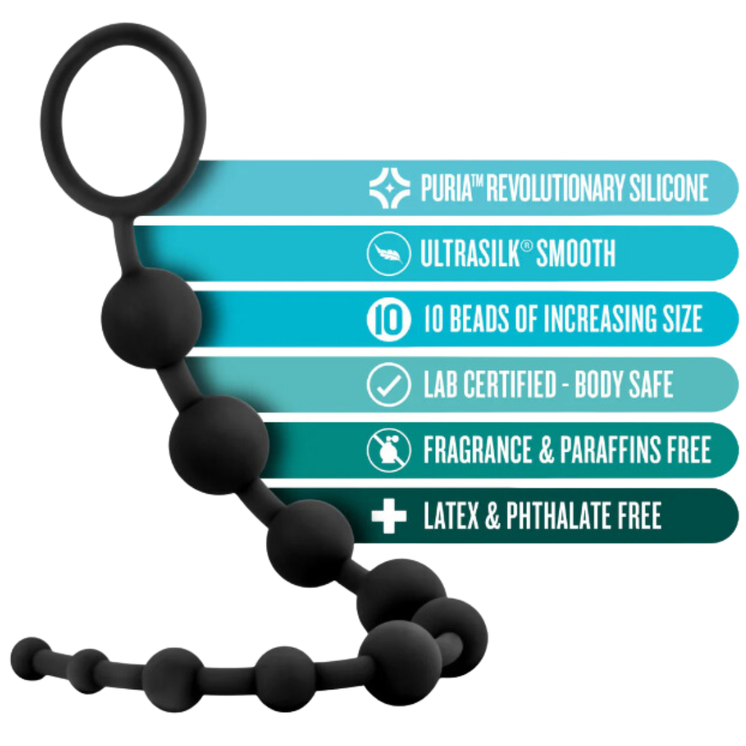 Anal Adventure Platinum Silicone 10 Anal Beads Infographic showcasing features of black silicone anal beads, including Puria revolutionary silicone, Ultrasilk smooth finish, 10 beads of increasing size, and body-safe certification.