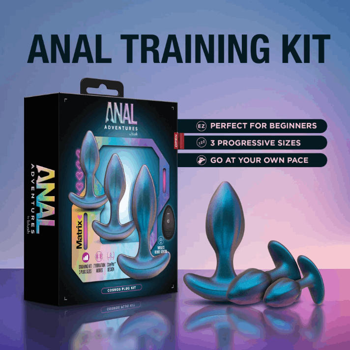Anal Adventures Matrix Cosmos: 3-piece anal plug kit with vibrating plug, wireless remote, body-safe silicone, and customizable vibration modes.