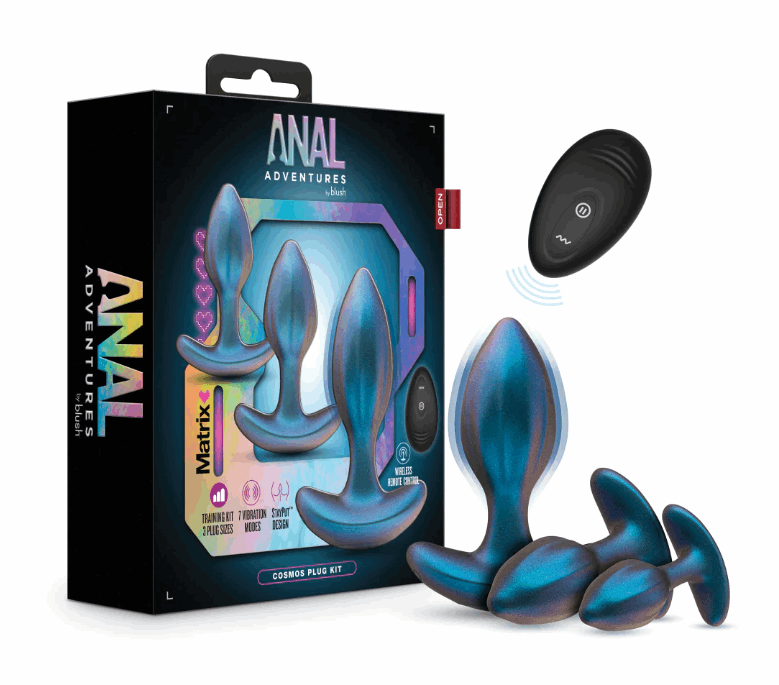 Anal Adventures Matrix Cosmos: 3-piece anal plug kit with vibrating plug, wireless remote, body-safe silicone, and customizable vibration modes.