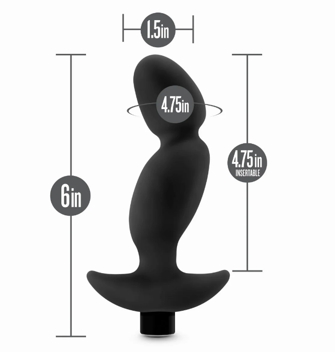 six inches long with 4.75" of insertable length Anal Adventures Platinum Silicone Rechargeable Vibrating Prostate Massager