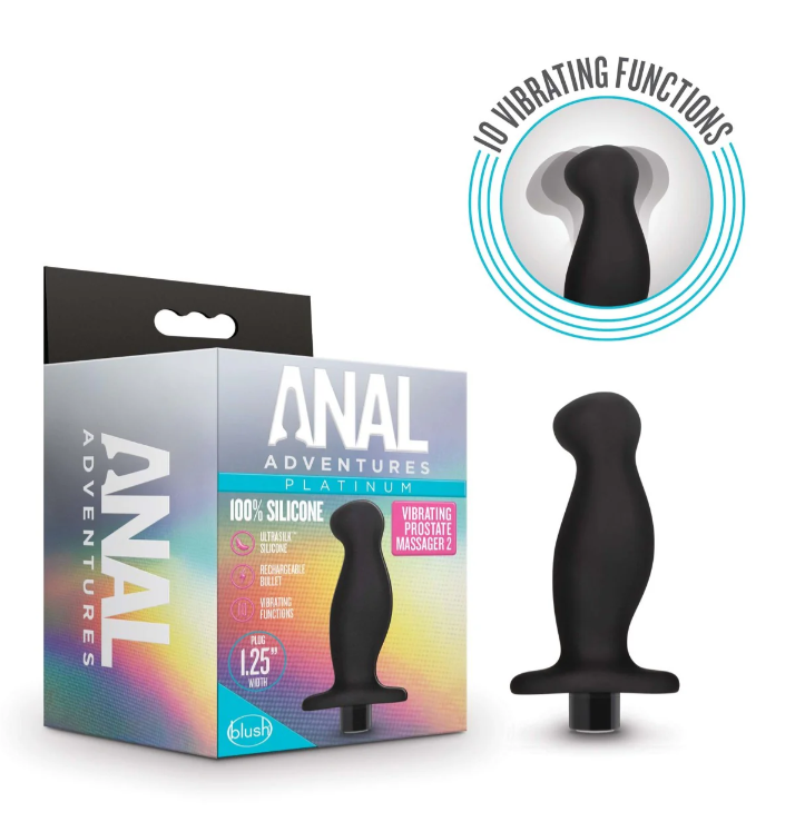 Anal Adventures Platinum Silicone Prostate Massager: Curved for P-Spot stimulation with 10 vibration modes, waterproof, body-safe silicone, and USB rechargeable.