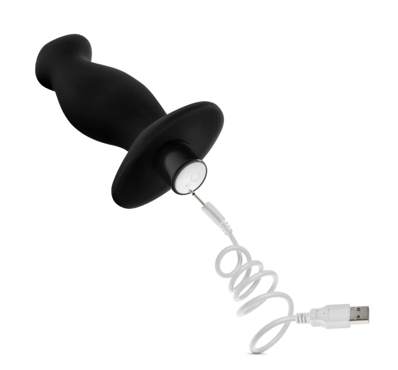 Anal Adventures Platinum Silicone Prostate Massager: Curved for P-Spot stimulation with 10 vibration modes, waterproof, body-safe silicone, and USB rechargeable.