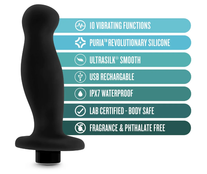 Anal Adventures Platinum Silicone Prostate Massager: Curved for P-Spot stimulation with 10 vibration modes, waterproof, body-safe silicone, and USB rechargeable.