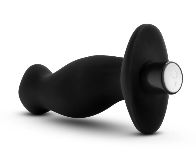 Anal Adventures Platinum Silicone Prostate Massager: Curved for P-Spot stimulation with 10 vibration modes, waterproof, body-safe silicone, and USB rechargeable.