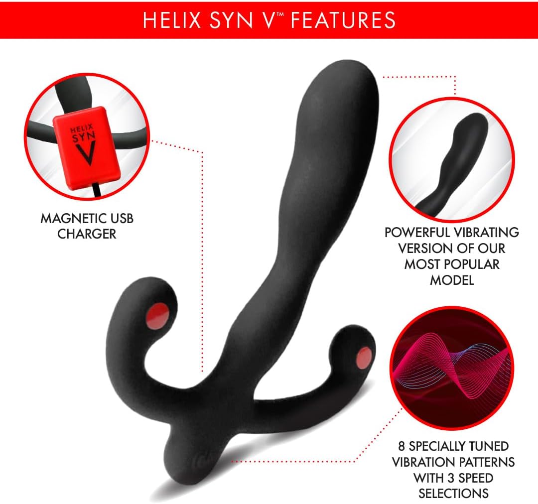 Aneros Helix Syn V Rechargeable Prostate Massager Close-up of the Helix Syn V features, including USB charging, 8 vibration patterns with 3 speed levels, and 3 hours of usage per charge.