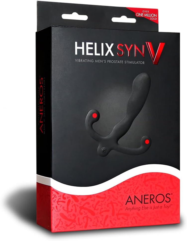 Aneros Helix Syn V Rechargeable Prostate Massager Packaging of the Aneros Helix Syn V Vibrating Men's Prostate Stimulator in black and red design, showcasing its sleek and discreet box.
