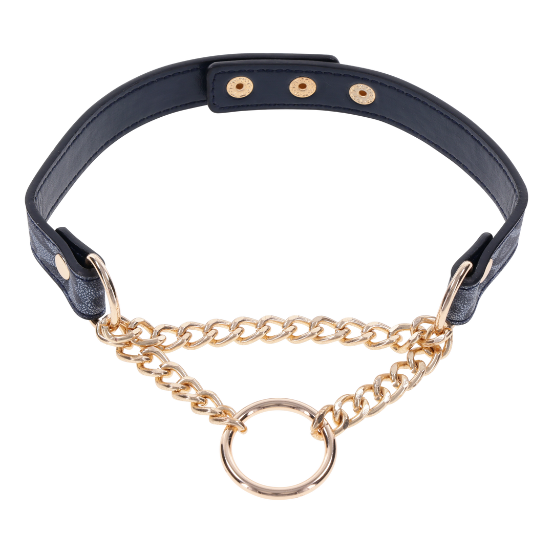 Make a bold statement with this animal-printed faux leather collar, featuring gold hardware, a fixed chain, and an adjustable fit for playful or stylish wear.
