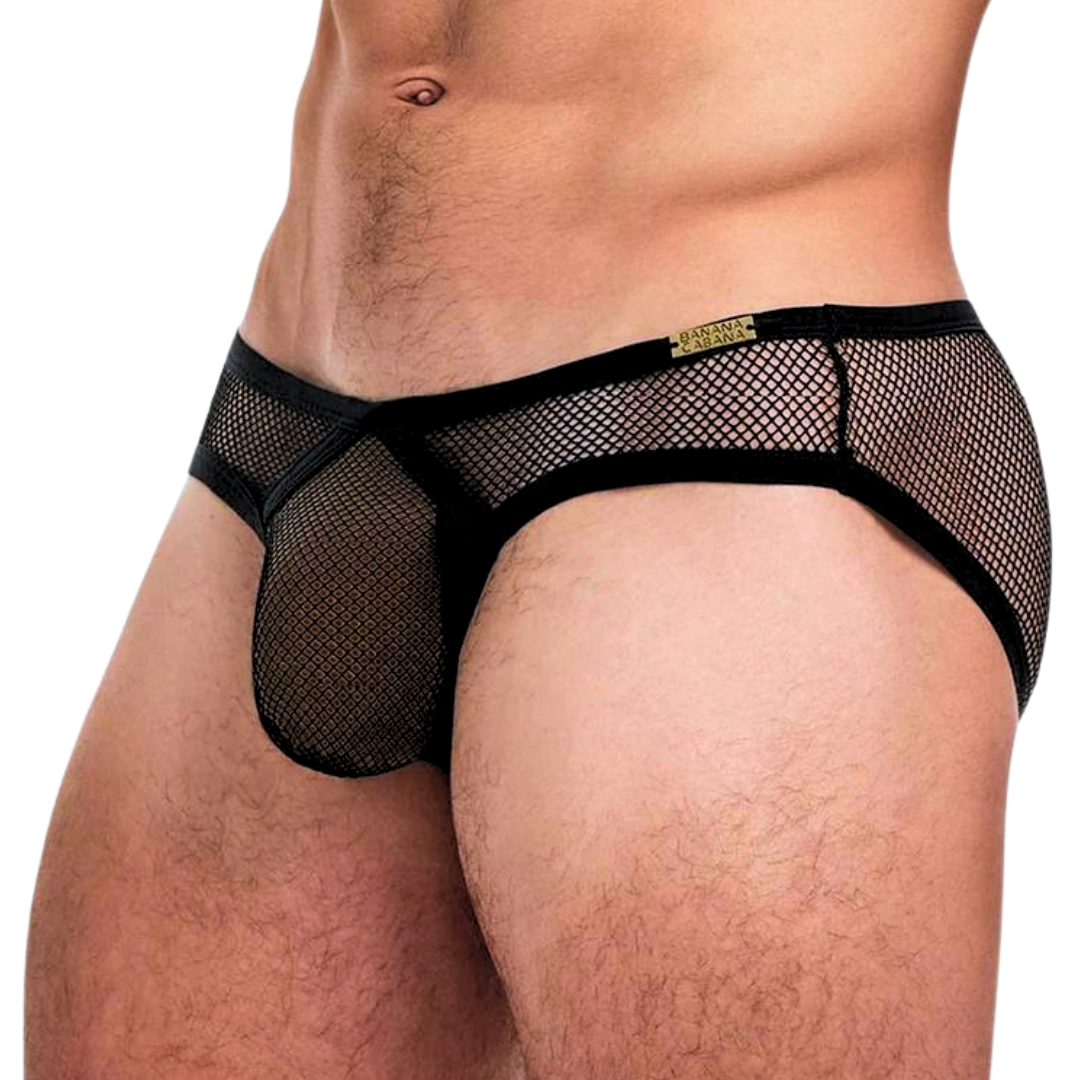 Men's black Fishnet Brazilian Brief featuring a golden Banana Cabana logo, crafted with luxurious polyester and elastane for a bold and comfortable fit. Available in S/M, M/L, and L/XL.