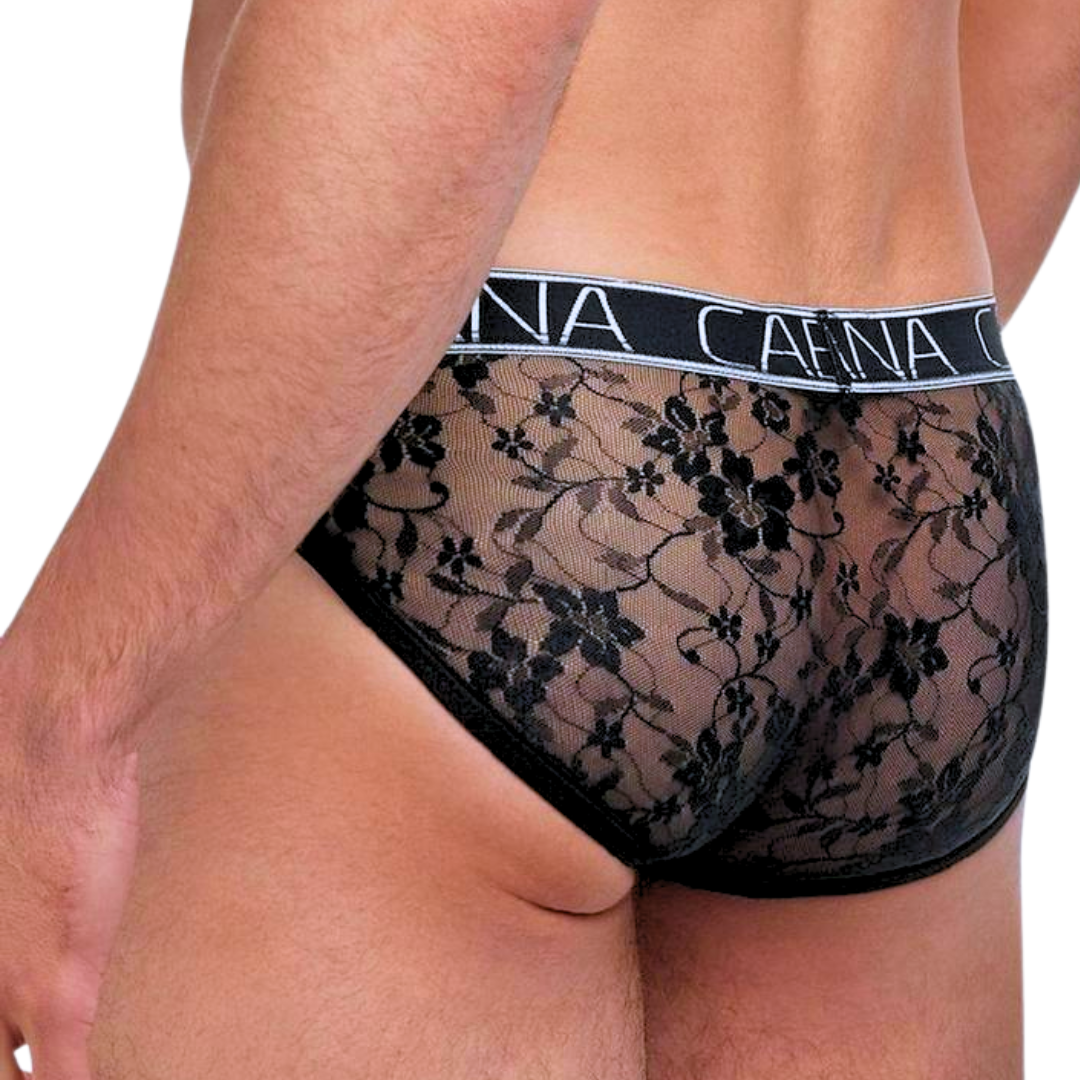 Low-rise black lace briefs in S/M, M/L, and L/XL, crafted from a soft blend of Nylon and Elastane, perfect for first-time lace lovers or seasoned pros.