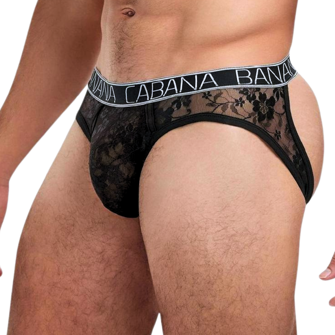 Men’s black lace briefs with semi-sheer floral front, bold open-back design, and a "BANANA CABANA" waistband. Crafted from 90% Nylon and 10% Elastane.