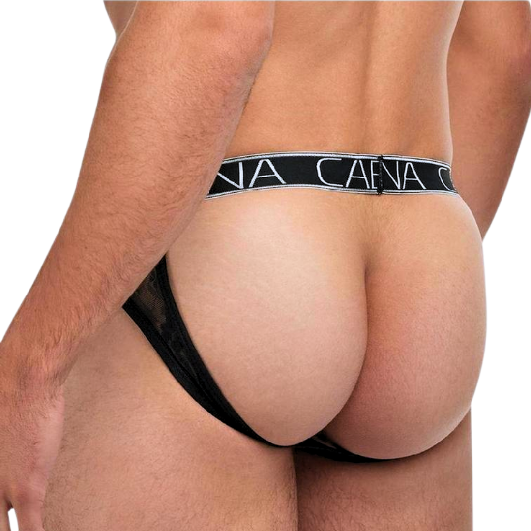 Men’s black lace briefs with semi-sheer floral front, bold open-back design, and a "BANANA CABANA" waistband. Crafted from 90% Nylon and 10% Elastane.