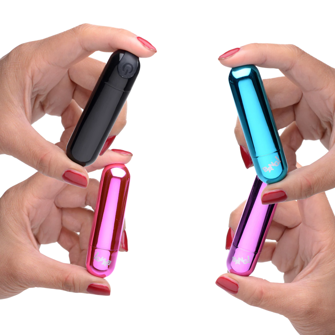 Compact bullet vibrator with 10 vibration patterns, metallic finish, USB rechargeable, waterproof, available in pink, black, purple, and blue.