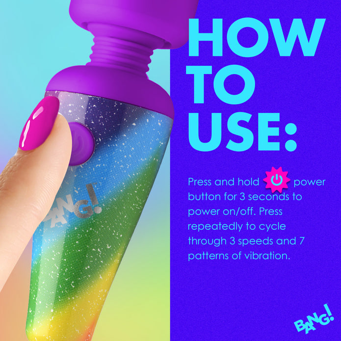 Bang! Rainbow Mini Wand, a compact rechargeable silicone vibrator with 3 speeds, 7 patterns, a flexible neck, and vibrant rainbow design.
Bang! Rainbow Mini Wand, rechargeable mini wand, compact silicone vibrator, 3-speed vibrating wand, 7-pattern mini massager, travel-friendly vibrator, rainbow silicone wand, flexible neck massager, body-safe mini vibrator, cordless mini wand vibrator
