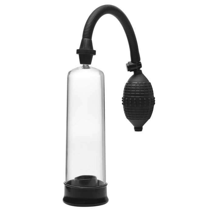 Beginner penis pump with see-through cylinder, quick-release valve, and easy-squeeze pump for enhanced size and sensitivity.