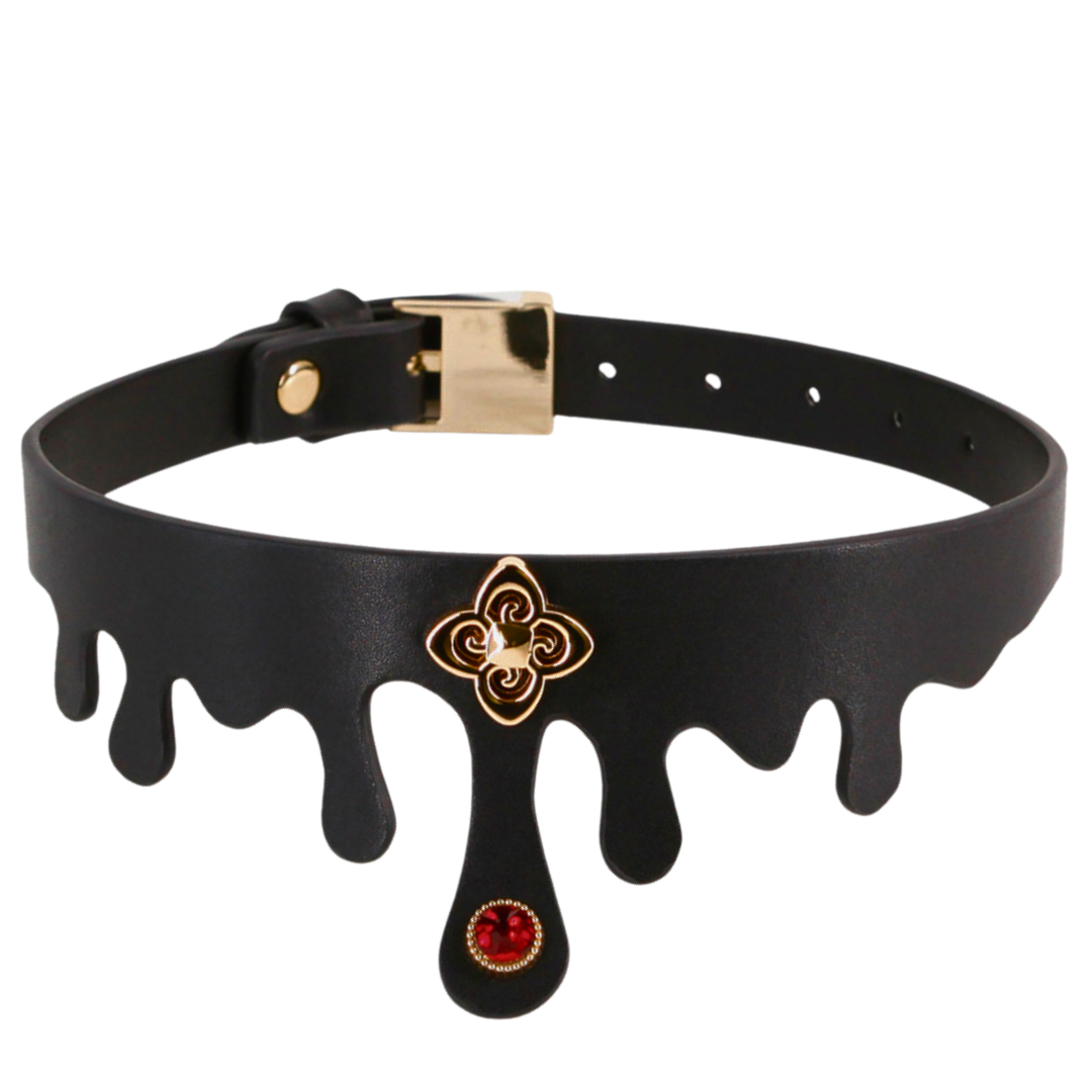 Black dripping-style day collar with a ruby jewel and gold charm, made from PU leather with nickel-free hardware, adjustable for neck sizes 11.5 to 17.5 inches. Keywords: Elvira Day Collar, fetish fashion, BDSM collar, dripping design, ruby jewel, gold charm, adjustable fit, PU leather, nickel-free hardware, gothic style, bondage collar, day collar, leash compatible, fetish-inspired accessories, elegant BDSM accessories.
