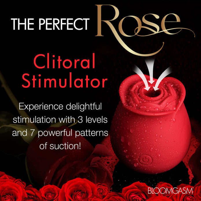 Bloomgasm rosebud clitoral suction stimulator with 3 levels, 7 patterns, waterproof design, premium silicone, USB rechargeable magnetic base, and phthalate-free material.
