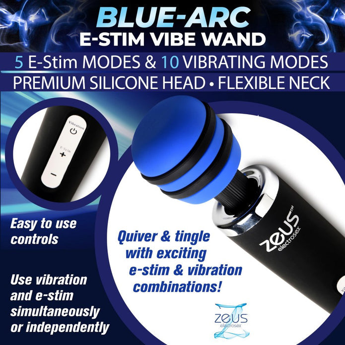 Blue-Arc E-Stim Vibrating Wand with flexible neck, vibration, electrostimulation, and corded power.
E-Stim wand, vibrating wand massager, Blue-Arc wand, electrostimulation vibrator, flexible neck wand, corded vibrator, Zeus electrosex wand, premium silicone wand, body-safe vibrating wand, wand with e-stim, powerful vibration massager