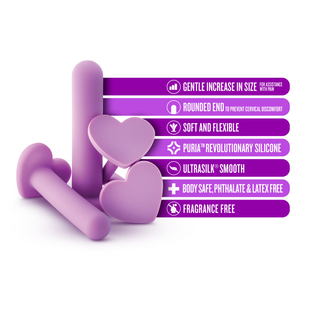 Blush Wellness Silicone Dilator Set, 4-piece progressive vaginal dilators with UltraSilk® smooth Puria™ silicone, heart-shaped bases, and rounded tips.
vaginal dilator set, progressive silicone dilators, UltraSilk dilators, Puria silicone dilator kit, hypoallergenic dilators, heart-shaped base dilators, comfortable vaginal dilators, Blush Wellness dilator set, vaginal health tools, smooth silicone dilators.